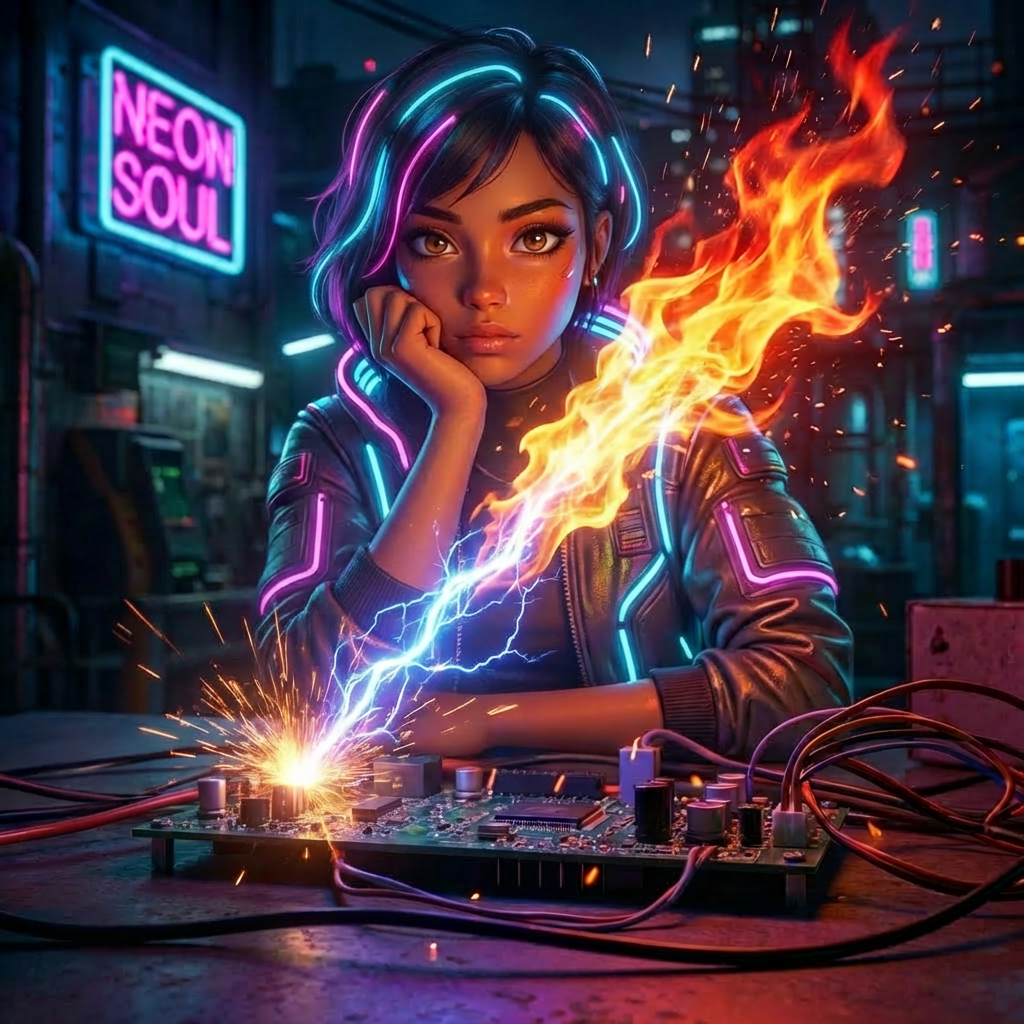 Woman in a cyberpunk workshop beside a bulb emitting fire and electricity; 'NEON SOUL' sign.