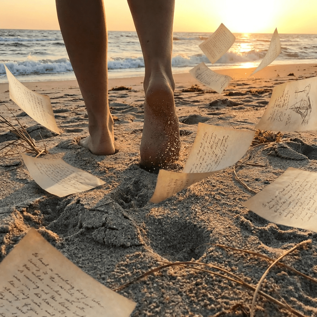 Bare feet walking through sand on a beach at sunset with waves in the distance.