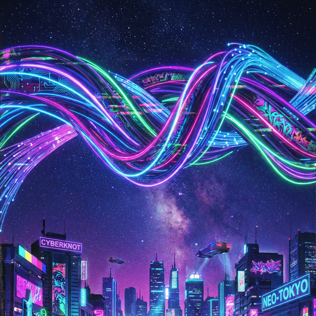 Futuristic city at night with massive glowing neon ribbons arching across a starry sky.
