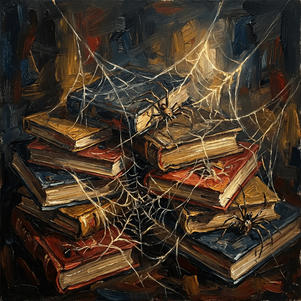Oil painting of old books covered in cobwebs with two large spiders crawling on them.