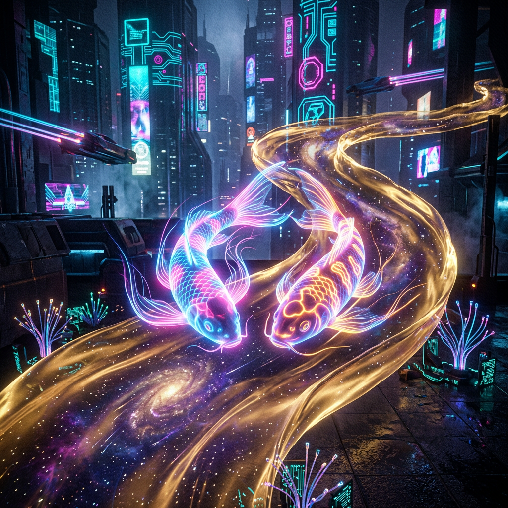 Two neon koi fish swimming in a glowing cosmic river through a futuristic city at night