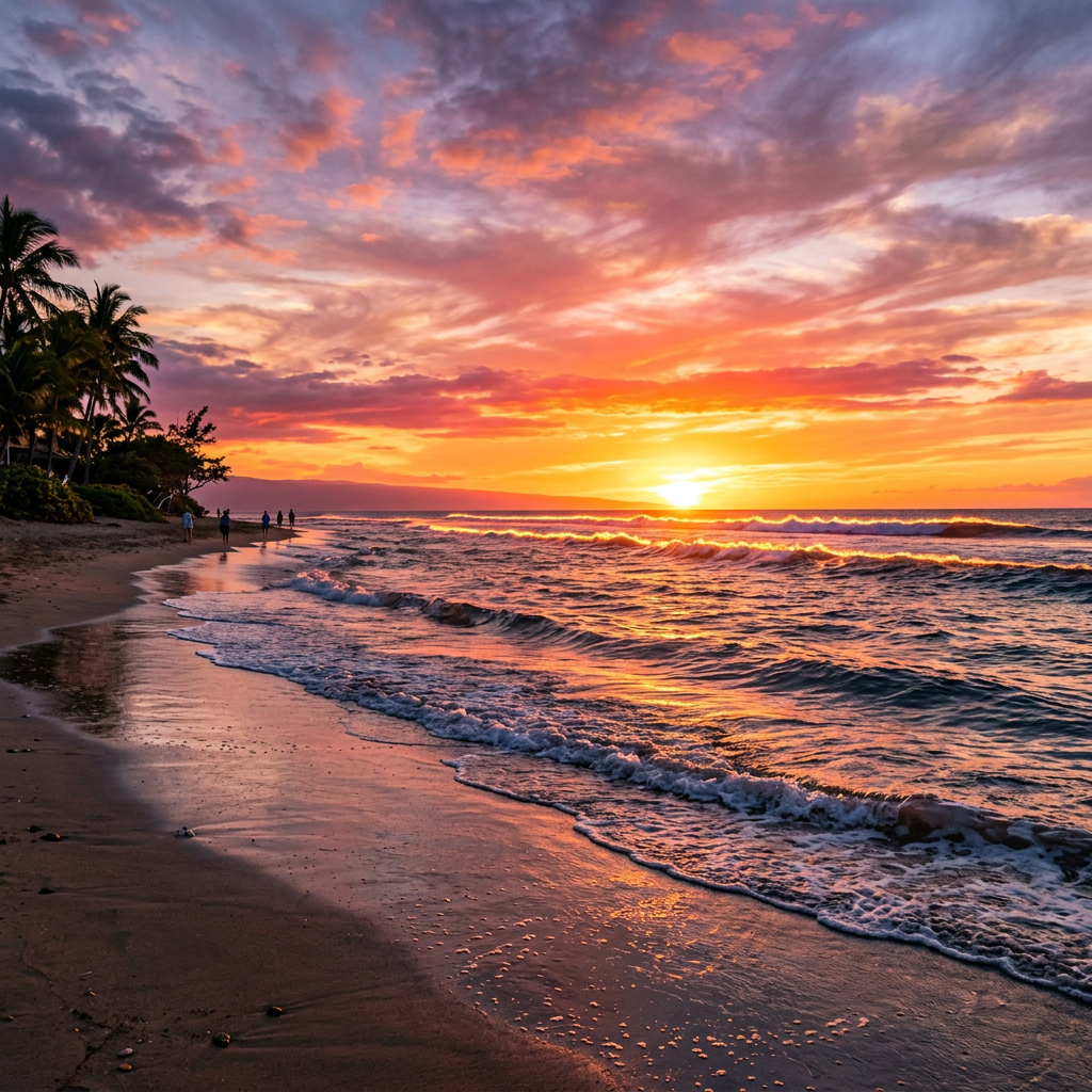 Sunset over tropical beach with palm trees, waves, and colorful clouds