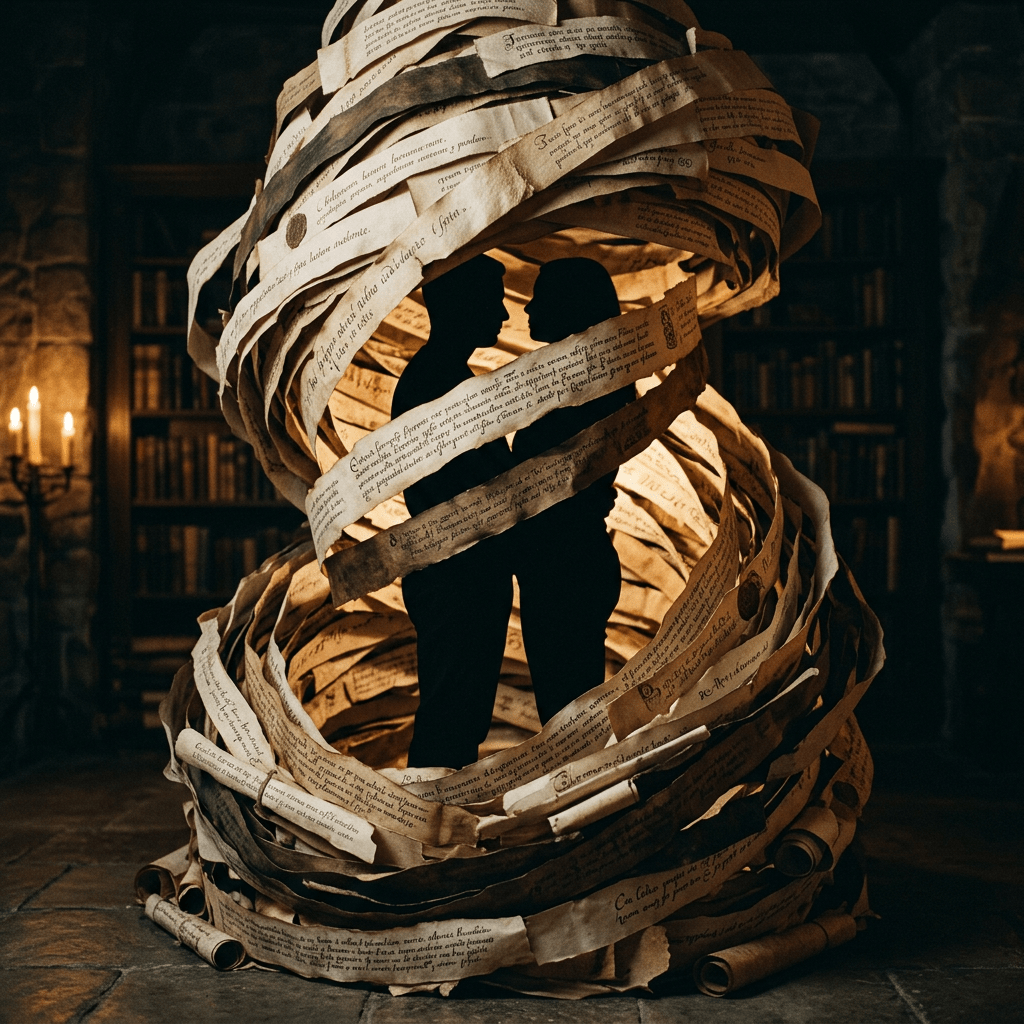 Silhouettes of two people facing each other inside swirling ancient parchment scrolls with text in a library