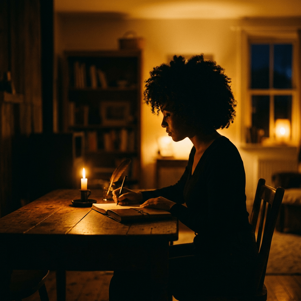 Woman writing in a journal at a table illuminated by candlelight